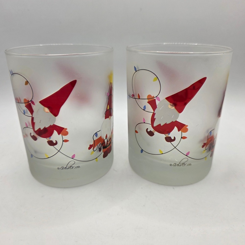 Culver Ltd Christmas Gnome Frosted Glass Tumbler Set of 2 Holiday Barware Red